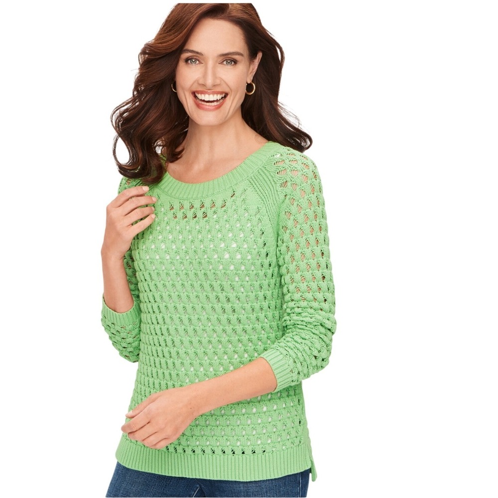 Talbots Green Open Knit Crochet Sweater Size S Mesh Euro Vacay Cotton Coastal
